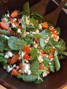 Salad with persimmons, pomegranate and goat cheese